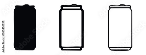 Tall Beverage Can Icons Set. Black Silhouette and Outline Drink Cans