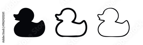 Rubber Duck Icons Set. Black Silhouette and Outline Toy Ducks for Bath Time and Childhood Fun