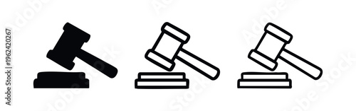 Gavel Icons Set. Black Silhouette and Outline Judge's Hammer for Law, Justice, and Auction