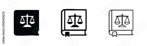 Law Book Icons Set with Scales of Justice. Black Silhouette and Outline Legal Code Book