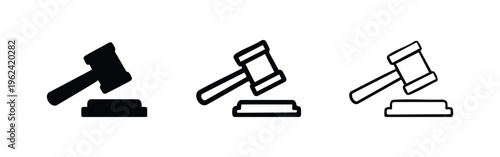 Gavel Icons Set. Black Silhouette and Outline Judge's Hammer for Law, Justice, and Auction