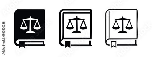 Law Book Icons Set with Scales of Justice. Black Silhouette and Outline Legal Code Book