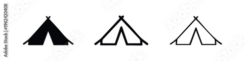 Camping tent icon set, outdoor adventure and travel symbol for nature excursions.