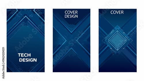 Abstract blue geometric designs presented as three potential cover options