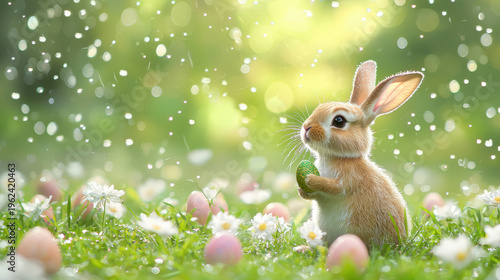 A cute Easter bunny holding a painted egg sits among daisy flowers and other pastel eggs in a green meadow with bokeh and soft lighting effects creating magic.