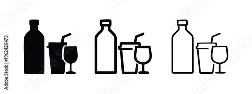 Drinks Icon Set with Bottle, Disposable Cup, and Wine Glass. Beverage Symbols in Different Styles.