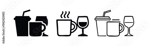 Diverse Beverage Icons Set: Disposable Cup, Coffee Mug, and Wine Glass in Multiple Styles.