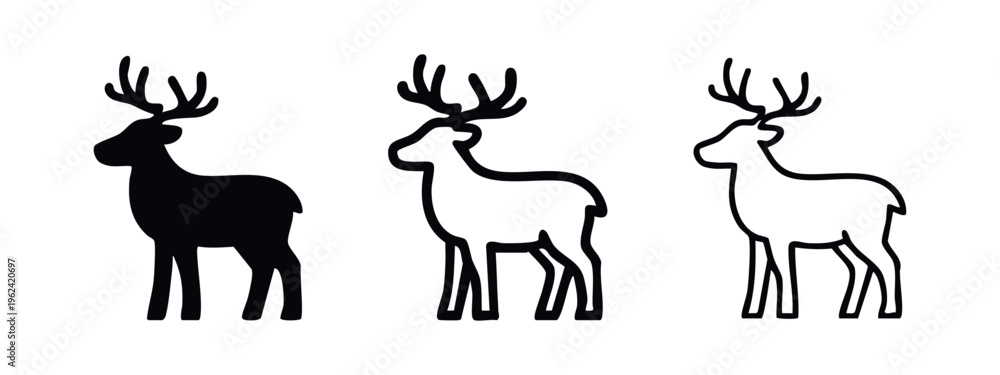 Fototapeta premium Reindeer icons set. Stylized deer symbol in three variations: solid, thick outline, and thin outline.