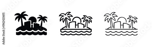 Tropical Island with Palm Trees and Buildings Icon Set - Vacation Paradise Symbol