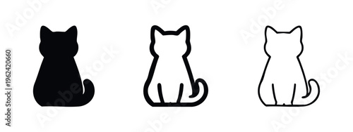 Sitting cat icon set in various styles, featuring solid, bold outline, and thin outline versions.