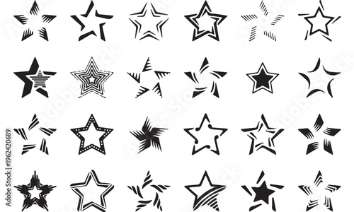 Black star icons, 25 starburst symbols, vector graphics, monochrome design elements
