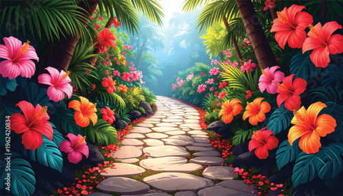 Curved tropical pathway with hibiscus, palms, and vivid garden color. Lush island trail featuring bright petals and layered foliage. Scenic botanical walkway with flowering borders and soft mist