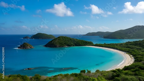 Tropical island, turquoise ocean, white sand beach, lush greenery