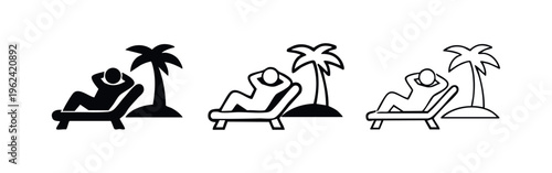 Person Relaxing in Lounge Chair with Palm Tree Icon Set. Tropical Vacation Symbol.
