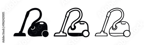 Vacuum cleaner icons set. Household cleaning appliance symbol in different styles.