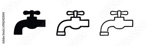 Water tap icon set in solid, outline, and thin line styles, representing plumbing, water supply, and kitchen or bathroom fixtures. Free Download Water tap icon set in solid, outline, and thin line styles, representing plumbing, water supply, and kitchen or bathroom fixtures. - GFXLoad
