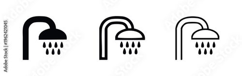 Shower icon set in solid, outline, and thin line styles, representing bathing, hygiene, and water flow in a bathroom.