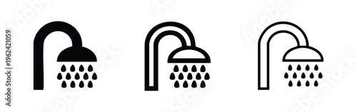 Set of shower icons illustrating water drops and bathing, in various graphic styles for personal hygiene concepts.