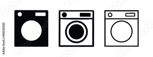 Washing machine icon set in solid, outline, and thin line styles, symbolizing laundry, household chores, and home appliances.
