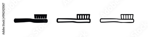 Set of toothbrush icons in various styles, depicting tools for dental health and personal oral hygiene.