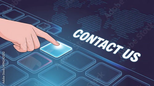 Hand pressing contact us button, glowing blue interface, futuristic keyboard, business communication