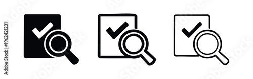 Magnifying glass and checkmark icon set. Review and audit symbol in outline and solid styles.