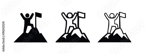 Mountain peak with flag icon set. Success and achievement symbol in outline and solid styles.
