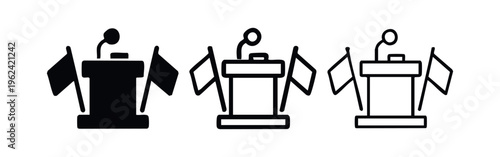 Podium with microphone and flags, symbolizing public speaking or political events