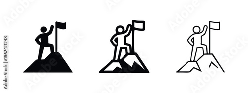 Success on mountain icon set. Achievement and leadership symbol in various styles for business.