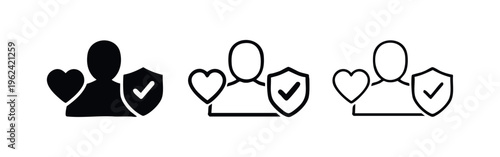 Health and life insurance icon with person, heart, and shield with checkmark