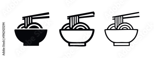 Ramen noodle bowl icon set with chopsticks, Asian food and restaurant symbol.