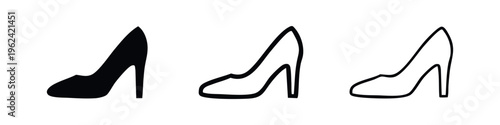High heel shoe icon set in different styles. Elegant woman's footwear symbol. Fashionable feminine accessory.