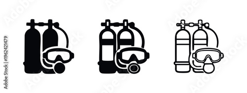 Scuba diving gear icon set. Dive tanks, mask, and regulator symbols in various styles for aquatic sports.