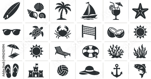 Collection of black beach icons on white background