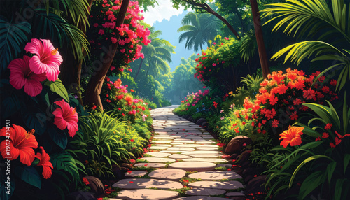 Tropical forest path with vivid orange blossoms and lush greenery.  Sunlit jungle walkway framed by flowers, palms, and rich foliage.  Vibrant nature trail featuring colorful blooms and curved depth