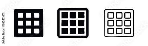 App launcher grid icon set. Menu button, application interface, or window display symbol in various styles.
