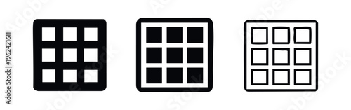 Mobile app grid menu icon set. Application launcher, user interface, or gallery symbol in various styles.