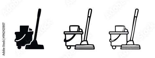 Mop and Bucket Cleaning Icon Set - Housekeeping and Janitorial Service Symbol