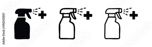 Sanitizing Spray Bottle and Medical Cross Icon Set for Disinfection