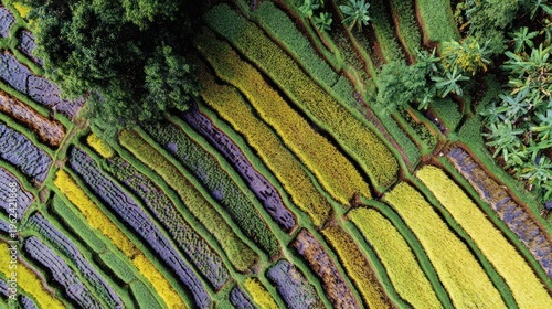Aerial view of colorful cultivated agricultural fields with varied vegetation