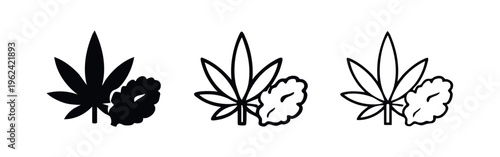 Cannabis leaf and bud icon set. Marijuana plant symbol in three styles: solid, outline, and line art.