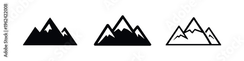 Minimal Mountain Icons Set. Vector Outline, Filled and Line Art Symbols for Nature, Adventure, and Outdoor Design Elements.