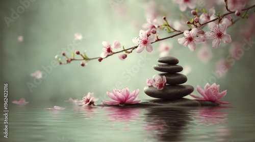 Zen stones and cherry blossoms in water serene meditation concept