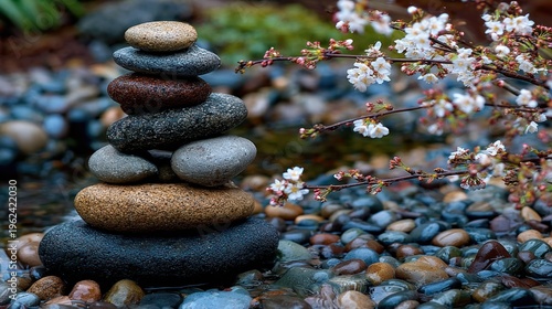 Stacked stones zen garden arrangement near blooming branch outdoors