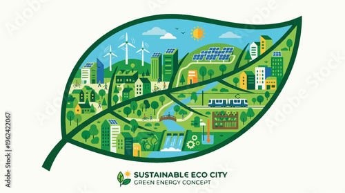 Sustainable eco city concept with green leaf and urban landscape symbolizing environmental harmony and eco friendly architecture