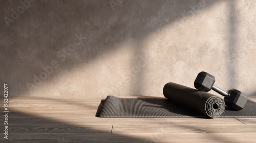 Yoga mat and dumbbells on floor with sunlight and copy space background