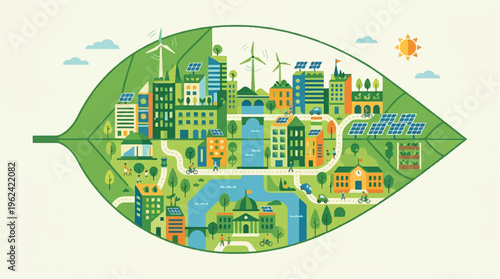 Sustainable city within a leaf eco friendly urban planning with green buildings renewable energy sources and solar panels symbolizing environmental harmony and climate action