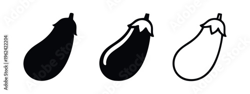 Eggplant vegetable icon set. Healthy organic food symbol. Fresh aubergine elements.