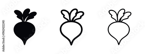 Beetroot Icon Set with Solid, Outline, and Thin Line Styles on White Background