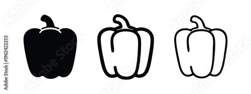 Bell Pepper Icon Set in Solid, Outline, and Thin Line Styles for Vegetable Concepts